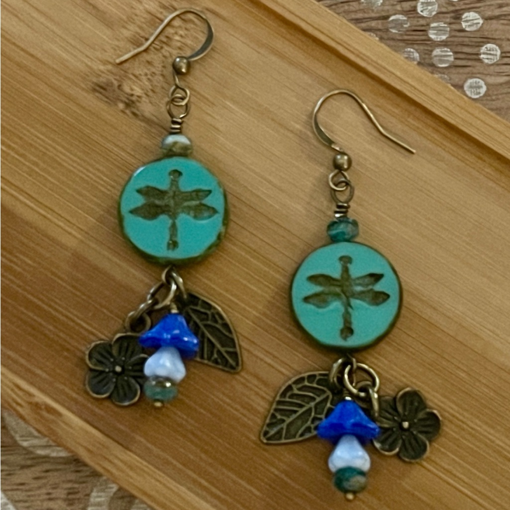 New Gorgeous Turquoise Dragonfly Czech Glass Earrings With Flower & Leaf Dangles